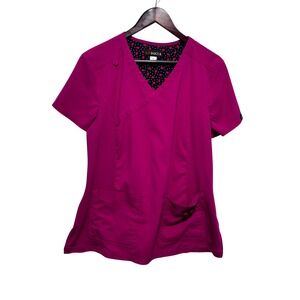 Koi Basics Womens Scrub Top L Pink Stretch Side Panels Utility Pockets Nurse